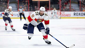 OTTAWA, ON - MARCH 28: Florida Panthers Left Wing Troy Brouwer (22) applies pressure on the forecheck during third period National Hockey League action between the Florida Panthers and Ottawa Senators on March 28, 2019, at Canadian Tire Centre in Ottawa, ON, Canada. (Photo by Richard A. Whittaker/Icon Sportswire via Getty Images)