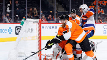 PHILADELPHIA, PENNSYLVANIA - SEPTEMBER 28: Ryan Ellis #94 of the Philadelphia Flyers blocks a shot during the third period against the New York Islanders at Wells Fargo Center on September 28, 2021 in Philadelphia, Pennsylvania. (Photo by Tim Nwachukwu/Getty Images)