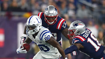 FOXBORO, MA. - OCTOBER 04: Chester Rogers #80 of the Indianapolis Colts carries the ball against the New England Patriots during an NFL football game at Gillette Stadium in Foxboro, Massachusetts on October 4, 2018. (Photo by Christopher Evans/Digital First Media/Boston Herald via Getty Images)