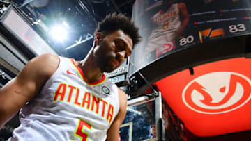 ATLANTA, GA - DECEMBER 19: Jabari Parker #5 of the Atlanta Hawks looks on during the game against the Utah Jazz on December 19, 2019 at State Farm Arena in Atlanta, Georgia. NOTE TO USER: User expressly acknowledges and agrees that, by downloading and/or using this Photograph, user is consenting to the terms and conditions of the Getty Images License Agreement. Mandatory Copyright Notice: Copyright 2019 NBAE (Photo by Scott Cunningham/NBAE via Getty Images)
