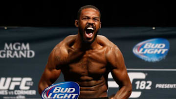 LAS VEGAS, NV - JANUARY 02: UFC light heavyweight champion Jon 'Bones' Jones poses on the scale after weighing in during the UFC 182 weigh-in event at the MGM Grand Conference Center on January 2, 2015 in Las Vegas, Nevada. (Photo by Josh Hedges/Zuffa LLC/Zuffa LLC via Getty Images)