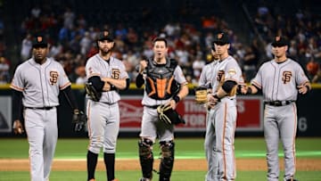 May 15, 2016; Phoenix, AZ, USA; (L-R) San Francisco Giants Santiago Casilla (46), Brandon Belt (9), Trevor Brown (14), Matt Duffy (5) and Joe Panik (12) react to the umpires overturning a double play after video review in the ninth inning against the Arizona Diamondbacks at Chase Field. The San Francisco Giants won 2-1. Mandatory Credit: Jennifer Stewart-USA TODAY Sports