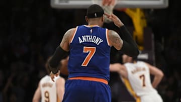 Mar 13, 2016; Los Angeles, CA, USA; New York Knicks forward Carmelo Anthony (7) celebrates after making a shot against the Los Angeles Lakers during the fourth quarter at Staples Center. The New York Knicks won 90-87. Mandatory Credit: Kelvin Kuo-USA TODAY Sports