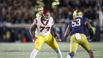 SOUTH BEND, IN - OCTOBER 12: Austin Jackson #73 of the USC Trojans blocks during a game against the Notre Dame Fighting Irish at Notre Dame Stadium on October 12, 2019 in South Bend, Indiana. Notre Dame defeated USC 30-27. (Photo by Joe Robbins/Getty Images)
