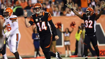 Nov 5, 2015; Cincinnati, OH, USA; Cincinnati Bengals quarterback Andy Dalton (14) reacts to throwing a touchdown pass to tight end Tyler Eifert (not pictured) in the first half against the Cleveland Browns at Paul Brown Stadium. Mandatory Credit: Aaron Doster-USA TODAY Sports
