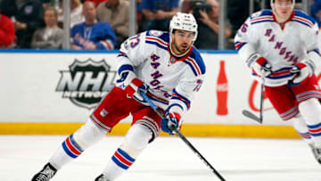 SUNRISE, FL - MARCH 7: Brandon Pirri #73 of the New York Rangers skates with the puck against the Florida Panthers at the BB&T Center on March 7, 2017 in Sunrise, Florida. (Photo by Eliot J. Schechter/NHLI via Getty Images)