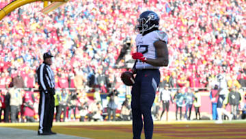 KANSAS CITY, MISSOURI - JANUARY 19: Derrick Henry #22 of the Tennessee Titans reacts after a 4 yard touchdown run in the first quarter against the Kansas City Chiefs in the AFC Championship Game at Arrowhead Stadium on January 19, 2020 in Kansas City, Missouri. (Photo by Tom Pennington/Getty Images)