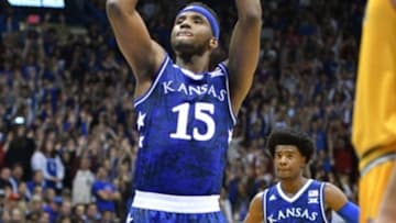 Nov 18, 2016; Lawrence, KS, USA; Kansas Jayhawks forward Carlton Bragg Jr. (15) shoots the ball during the first half against the Siena Saints at Allen Fieldhouse. Mandatory Credit: Denny Medley-USA TODAY Sports