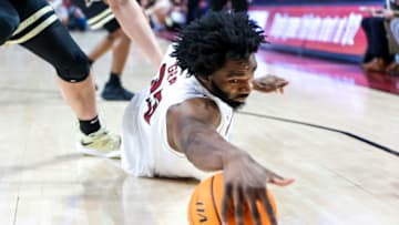 South Carolina basketball's Josh Gray diving for the ball in the team's last game against Vanderbilt. Mandatory Credit: Jeff Blake-USA TODAY Sports