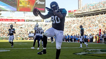 Nov 29, 2015; Jacksonville, FL, USA; Jacksonville Jaguars tight end Julius Thomas (80) celebrates after scoring a touchdown in the fourth quarter against the San Diego Chargers at EverBank Field. The San Diego Chargers won 31-24. Mandatory Credit: Logan Bowles-USA TODAY Sports
