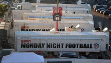 Oct 15, 2012; San Diego, CA, USA; General view of the ESPN Monday Night Football trucks in the Qualcomm Stadium parking lot during the NFL game between the Denver Broncos and the San Diego Chargers. Mandatory Credit: Kirby Lee/Image of Sport-USA TODAY Sports