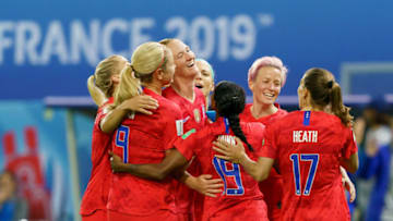 REIMS, FRANCE - JUNE 11: Samantha Mewis of USA celebrates after scoring her team's fourth goal with team mates during the 2019 FIFA Women's World Cup France group F match between USA and Thailand at Stade Auguste Delaune on June 11, 2019 in Reims, France. (Photo by TF-Images/Getty Images)