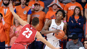 CHAMPAIGN, IL - JANUARY 23: Illinois Fighting Illini guard Ayo Dosunmu (11) looks to inbound the ball as Wisconsin Badgers guard Kobe King (23) gets his arms up during the Big Ten Conference college basketball game between the Wisconsin Badgers and the Illinois Fighting Illini on January 23, 2019, at the State Farm Center in Champaign, Illinois. (Photo by Michael Allio/Icon Sportswire via Getty Images)
