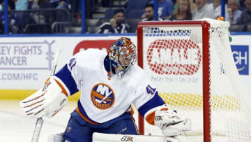 Nov 10, 2016; Tampa, FL, USA; New York Islanders goalie Jaroslav Halak (41) makes a save against the Tampa Bay Lightning during the second period at Amalie Arena. Mandatory Credit: Kim Klement-USA TODAY Sports