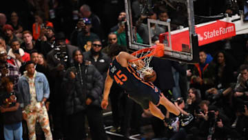Basketball player Jericho Sims, of the New York Knicks, competes during the Slam Dunk Contest of the NBA All-Star week-end in Salt Lake City, Utah, February 18, 2023. (Photo by Patrick T. Fallon / AFP) (Photo by PATRICK T. FALLON/AFP via Getty Images)
