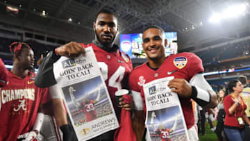MIAMI, FL - DECEMBER 29: Jalen Hurts #2 of the Alabama Crimson Tide and teammates celebrate the win over the Oklahoma Sooners during the College Football Playoff Semifinal at the Capital One Orange Bowl at Hard Rock Stadium on December 29, 2018 in Miami, Florida. (Photo by Mark Brown/Getty Images)