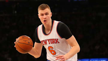 Feb 9, 2016; New York, NY, USA; New York Knicks forward Kristaps Porzingis (6) drives to the paint during the third quarter against the Washington Wizards at Madison Square Garden. Washington Wizards won111-108. Mandatory Credit: Anthony Gruppuso-USA TODAY Sports