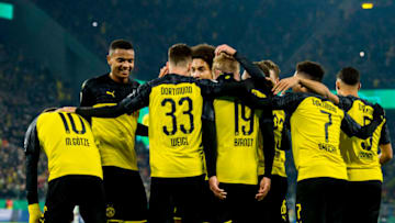 DORTMUND, GERMANY - OCTOBER 30: Julian Brandt of Borussia Dortmund celebrates scoring the goal to the 2:1 during the DFB Cup match between Borussia Dortmund and Borussia Moenchengladbach at the Signal Iduna Park on October 30, 2019 in Dortmund, Germany. (Photo by Alexandre Simoes/Borussia Dortmund via Getty Images)