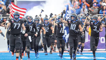 BOISE, ID - DECEMBER 7: The Boise State Broncos enter the field prior to the start of first half action in the Mountain West Championship against the Hawaii Rainbow Warriors on December 7, 2019 at Albertsons Stadium in Boise, Idaho. Boise State won the game 31-10. (Photo by Loren Orr/Getty Images)