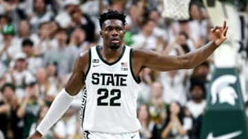 Michigan State's Mady Sissoko celebrates A.J. Hoggard's 3-pointer against Villanova during the first half on Friday, Nov. 18, 2022, at the Breslin Center in East Lansing.221118 Msu Villianova 076a