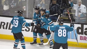 May 7, 2016; San Jose, CA, USA; San Jose Sharks center Joe Pavelski (8) is congratulated for scoring a goal against the Nashville Predators during the second period in game five of the second round of the 2016 Stanley Cup Playoffs at SAP Center at San Jose. Mandatory Credit: Kyle Terada-USA TODAY Sports