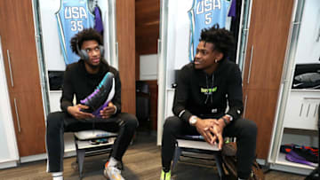 CHARLOTTE, NC - FEBRUARY 15: Marvin Bagley III #35 and De'Aaron Fox #5 of the U.S. Team sit in the locker room before the 2019 Mtn Dew ICE Rising Stars Game on February 15, 2019 at the Spectrum Center in Charlotte, North Carolina. NOTE TO USER: User expressly acknowledges and agrees that, by downloading and/or using this photograph, user is consenting to the terms and conditions of the Getty Images License Agreement. Mandatory Copyright Notice: Copyright 2019 NBAE (Photo by Nathaniel S. Butler /NBAE via Getty Images)