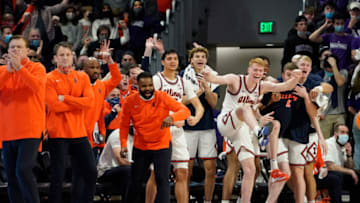 Jan 29, 2022; Evanston, Illinois, USA; The Illinois Fighting Illini celebrate a basket against the Northwestern Wildcats during the second half at Welsh-Ryan Arena. Mandatory Credit: David Banks-USA TODAY Sports