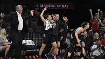 LAS VEGAS, NV - JULY 7: the Las Vegas Aces react during the game against the Connecticut Sun on July 7, 2018 at the Mandalay Bay Events Center in Las Vegas, Nevada. NOTE TO USER: User expressly acknowledges and agrees that, by downloading and or using this Photograph, user is consenting to the terms and conditions of the Getty Images License Agreement. Mandatory Copyright Notice: Copyright 2018 NBAE (Photo by David Becker/NBAE via Getty Images)