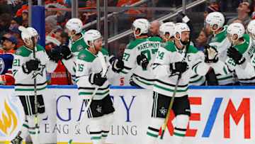 Nov 5, 2022; Edmonton, Alberta, CAN; The Dallas Stars celebrate a goal by forward Jamie Benn (14) during the third period against the Edmonton Oilers at Rogers Place. Mandatory Credit: Perry Nelson-USA TODAY Sports