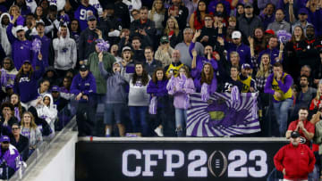 INGLEWOOD, CALIFORNIA - JANUARY 09: TCU Horned Frogs fans cheer during the first half against the Georgia Bulldogs in the College Football Playoff National Championship game at SoFi Stadium on January 09, 2023 in Inglewood, California. (Photo by Ronald Martinez/Getty Images)