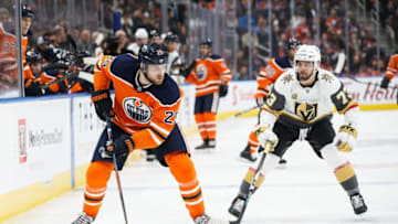EDMONTON, AB - APRIL 05: Leon Draisaitl #29 of the Edmonton Oilers is shadowed by Brandon Pirri #73 of the Vegas Golden Knights at Rogers Place on April 5, 2018 in Edmonton, Canada. (Photo by Codie McLachlan/Getty Images)