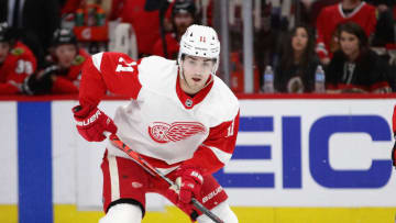 CHICAGO, ILLINOIS - JANUARY 05: Filip Zadina #11 of the Detroit Red Wings controls the puck against the Chicago Blackhawks at the United Center on January 05, 2020 in Chicago, Illinois. (Photo by Jonathan Daniel/Getty Images)
