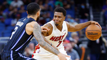 Kyle Lowry #7 of the Miami Heat is defended by Mychal Mulder #2 of the Orlando Magic(Photo by Michael Reaves/Getty Images)