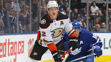 TORONTO, ON - FEBRUARY 7: Josh Manson #42 of the Anaheim Ducks skates against Mitchell Marner #16 of the Toronto Maple Leafs (Photo by Claus Andersen/Getty Images)