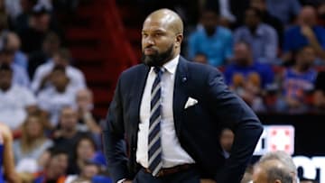 Nov 23, 2015; Miami, FL, USA; New York Knicks head coach Derek Fisher watches a game against the Miami Heat during the first half at American Airlines Arena. Mandatory Credit: Steve Mitchell-USA TODAY Sports