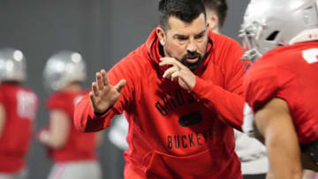 Mar 29, 2022; Columbus, Ohio, USA; Ohio State head coach Ryan Day challenges players during March 29, 2022 practice. Mandatory Credit: Doral Chenoweth-The Columbus DispatchSports Ohio State Practice