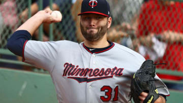 BOSTON, MA - JULY 27: Lance Lynn #31 of the Minnesota Twins warms up between the Boston Red Sox and the Minnesota Twins at Fenway Park on July 27, 2018 in Boston, Massachusetts. (Photo by Omar Rawlings/Getty Images)