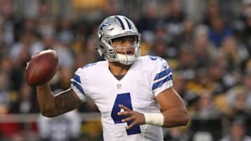 Nov 13, 2016; Pittsburgh, PA, USA; Dallas Cowboys quarterback Dak Prescott (4) throws a pass against the Pittsburgh Steelers during the first half of their game at Heinz Field. Mandatory Credit: Jason Bridge-USA TODAY Sports