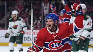 MONTREAL, QC - OCTOBER 17: Victor Mete #53 of the Montreal Canadiens celebrates after scoring his first NHL career goal against the Minnesota Wild in the NHL game at the Bell Centre on October 17, 2019 in Montreal, Quebec, Canada. (Photo by Francois Lacasse/NHLI via Getty Images)