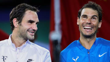 SHANGHAI, CHINA - OCTOBER 15: Roger Federer of Switzerland talk with Rafael Nadal of Spain during the award ceremony after the Men's singles final mach on day eight of 2017 ATP Shanghai Rolex Masters at Qizhong Stadium on October 15, 2017 in Shanghai, China. (Photo by Lintao Zhang/Getty Images)