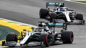 Mercedes' British driver Lewis Hamilton powers his car ahead of Mercedes' Finnish driver Valtteri Bottas during the qualifying session of the Formula One Brazilian Grand Prix, at the Interlagos racetrack in Sao Paulo, Brazil, on November 16, 2019. (Photo by Nelson ALMEIDA / AFP) (Photo by NELSON ALMEIDA/AFP via Getty Images)