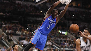 Apr 12, 2016; San Antonio, TX, USA; Oklahoma City Thunder shooting guard Dion Waiters (3) dunks the ball against the San Antonio Spurs during the second half at AT&T Center. Mandatory Credit: Soobum Im-USA TODAY Sports
