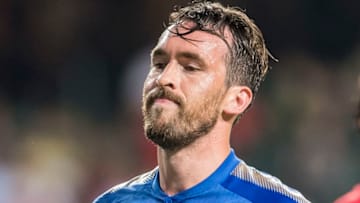 HONG KONG, HONG KONG - JULY 19: Leicester City FC defender Christian Fuchs reacts during the Premier League Asia Trophy match between Leicester City FC and West Bromwich Albion at Hong Kong Stadium on July 19, 2017 in Hong Kong, Hong Kong. (Photo by Victor Fraile/Getty Images)
