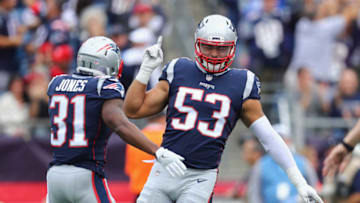 FOXBOROUGH, MA - SEPTEMBER 09: Kyle Van Noy #53 of the New England Patriots celebrates after the Patriots recovered a fumble by Deshaun Watson #4 of the Houston Texans (not pictured) during the first quarter at Gillette Stadium on September 9, 2018 in Foxborough, Massachusetts. (Photo by Maddie Meyer/Getty Images)