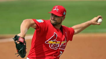 Mar 3, 2016; Jupiter, FL, USA; St. Louis Cardinals starting pitcher Tyler Lyons (70) throws against the Miami Marlins during a spring training game at Roger Dean Stadium. Mandatory Credit: Steve Mitchell-USA TODAY Sports