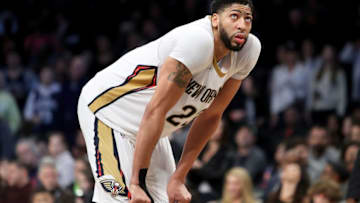 NEW YORK, NY - FEBRUARY 10: Anthony Davis #23 of the New Orleans Pelicans reacts in the first round of overtime against the Brooklyn Nets during their game at Barclays Center on February 10, 2018 in the Brooklyn borough of New York City. (Photo by Abbie Parr/Getty Images)