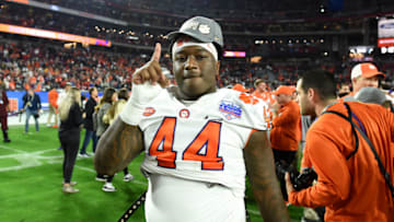 GLENDALE, ARIZONA - DECEMBER 28: Nyles Pinckney #44 of the Clemson Tigers celebrates his teams 29-23 win over the Ohio State Buckeyes in the College Football Playoff Semifinal at the PlayStation Fiesta Bowl at State Farm Stadium on December 28, 2019 in Glendale, Arizona. (Photo by Norm Hall/Getty Images)