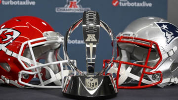 The 2019 Lamar Hunt Trophy on Wednesday, Jan. 16, 2019, ahead of the AFC Championship game between the Kansas City Chiefs and New England Patriots. (John Sleezer/Kansas City Star/TNS via Getty Images)