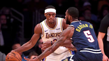 LOS ANGELES, CA - DECEMBER 22: Will Barton #5 of the Denver Nuggets guards Rajon Rondo #9 of the Los Angeles Lakers in the first half of the game at Staples Center on December 22, 2019 in Los Angeles, California. NOTE TO USER: User expressly acknowledges and agrees that, by downloading and/or using this Photograph, user is consenting to the terms and conditions of the Getty Images License Agreement. (Photo by Jayne Kamin-Oncea/Getty Images)