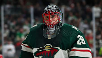 ST PAUL, MN - MAY 04: Marc-Andre Fleury #29 of the Minnesota Wild looks on against the St. Louis Blues in the first period in Game Two of the First Round of the 2022 Stanley Cup Playoffs at Xcel Energy Center on May 4, 2022 in St Paul, Minnesota. The Wild defeated the Blues 6-2 to tie the series 1-1. (Photo by David Berding/Getty Images)